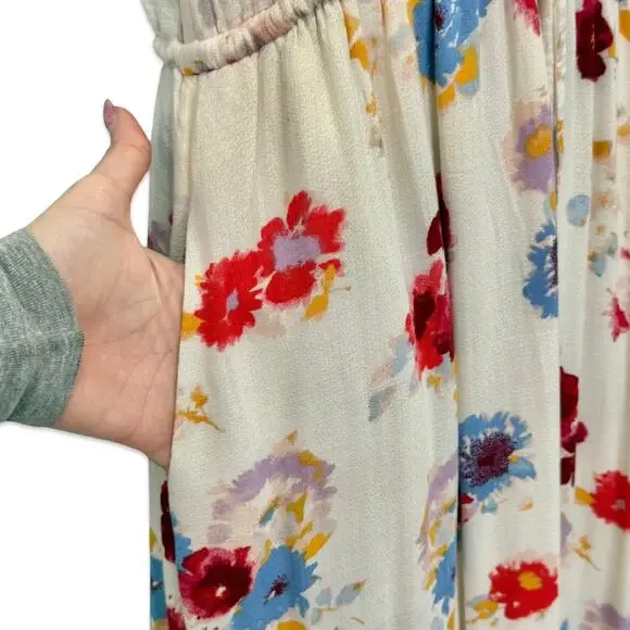Lucky Brand Ivory Red Blue Floral Sleeveless Tie Waist V-Neck Maxi Dress size S - Picture 7 of 11